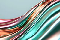 Flowing metallic waves in turquoise, copper and pink create dynamic abstract background with glossy, smooth curves and light reflections. Modern design element.