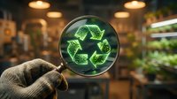 Gloved hand holding magnifying glass with glowing green recycling symbol, blurred warehouse background, sustainability and environmental responsibility concept.