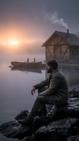 Bearded man in warm clothing sits on rocky shore at misty lake during golden sunrise with wooden house and boat in background for outdoor lifestyle concepts.