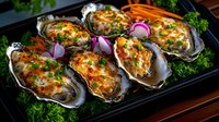 Baked oysters Rockefeller with melted cheese, herbs and vegetables served on black plate garnished with fresh parsley and radish slices for restaurant menu.