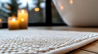 Textured white cotton placemat on wooden table with glowing candles in soft focus background creating cozy atmosphere for home decor and dining settings.