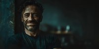 Mature Caucasian man with beard smiling warmly in dimly lit indoor setting. Authentic portrait showing genuine happiness and life experience for storytelling content.