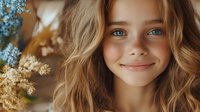 Young female with bright blue eyes and wavy blonde hair smiling warmly, surrounded by delicate dried flowers and soft natural lighting, creating gentle spring mood.