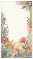 Watercolor floral frame with soft pastel leaves and flowers, gold outlines, blank center space for text, perfect for cards and invitations.