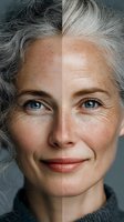 Close-up portrait of mature woman with silver hair and blue eyes showing aging process comparison, natural beauty and graceful aging concept.
