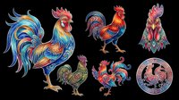 Colorful folk art roosters set isolated on transparent background, ready for t-shirt design, stickers, clipart, sublimation, and print on demand projects.