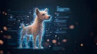 Digital hologram of dog with glowing blue particles and data interface elements on dark background, futuristic technology concept for veterinary or pet care.
