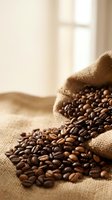 Roasted coffee beans spilling from burlap sack on natural linen fabric with warm window light, suitable for cafe, beverage, and food industry marketing materials.