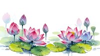 Watercolor lotus flowers and lily pads in pink and purple tones on white background, isolated botanical illustration for spa and wellness designs.
