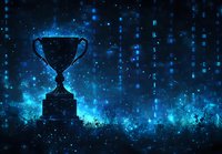 Trophy silhouette against mystical blue night sky with glowing particles and digital matrix effect creating magical atmospheric background.