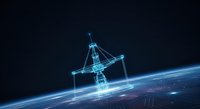 Global communication network infrastructure with glowing digital connections and satellite transmission lines spanning across planet surface for telecommunications and data transfer.