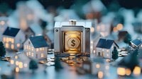 Safe with dollar sign surrounded by miniature glowing houses in winter scene, illustrating real estate investment and property security concept with bokeh lights.