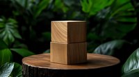 Wooden cubes stacked on natural wood slice platform against lush green tropical leaves background, minimalist eco-friendly product display setup.