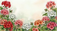 Watercolor geranium flowers frame with green leaves on soft pastel background. Floral border design for greeting cards, invitations, botanical art projects.