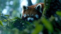 Red panda peeks through green foliage in natural habitat, close-up portrait showing curious expression and distinctive facial markings against blurred forest background.