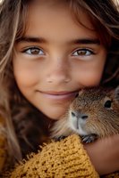 Close up portrait of young girl with brown eyes and long hair in yellow sweater with pet guinea pig. Gentle natural lighting creates warm atmosphere.