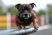 Brown Staffordshire Bull Terrier mix dog balancing on metal railing, showing determined expression with bright blue eyes against blurred outdoor background.