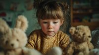 Young blonde girl in yellow sweater sitting with teddy bears in cozy bedroom setting. Childhood innocence and comfort concept for family lifestyle content.
