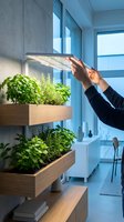 Person adjusting LED grow light over indoor herb garden with basil and rosemary in wooden planters on modern kitchen counter in contemporary home.
