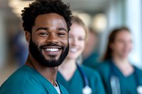 Smiling African American male doctor in scrubs with stethoscope standing with diverse medical team in hospital corridor for healthcare marketing.