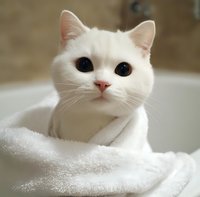White cat with bright black eyes wrapped in soft towel looking directly at camera, close-up portrait showing innocent expression and pink nose against neutral background.