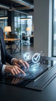 Businessman using digital security interface with verified trust symbols and shield icons on tablet in modern office environment for cybersecurity applications.