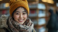 Young Asian woman wearing mustard knit beanie and fur-trimmed winter scarf smiles warmly at camera, radiating genuine happiness and positive energy in cold weather season.