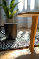 Black coffee mug on textured gray rug next to wooden table leg, with soft morning sunlight streaming through window and houseplant in background creating cozy atmosphere.