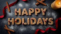 Happy Holidays gingerbread cookie letters on dark background with cinnamon sticks, red ribbon, powdered sugar, and candlelight for festive greeting.