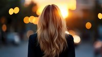 Young blonde woman walking away at sunset with warm bokeh lights creating dreamy urban atmosphere for lifestyle and fashion concepts.