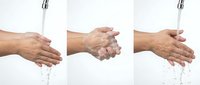 Three-step hand washing sequence showing proper hygiene technique with flowing water and soap lather for health and cleanliness education.