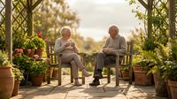 Senior couple relaxing together on garden patio chairs surrounded by flowering plants and greenery during golden hour sunset light.