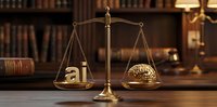 Golden scales of justice balancing AI technology and human brain in law office with books, representing artificial intelligence ethics in legal practice.