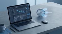 Modern laptop displaying financial analytics dashboard with holographic data visualization projection on clean office desk workspace.