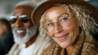 Smiling mature Caucasian woman with curly blonde hair and glasses wearing brown hat sits with African American man in background during social gathering.