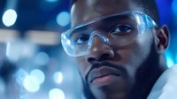 African American male scientist wearing protective safety glasses in laboratory with blue bokeh lights background, serious professional portrait.