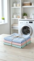 Stack of folded colorful towels tied with twine rope on wooden table in modern laundry room with washing machine and storage shelves in background.