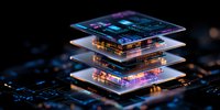 Layered microchip visualization with glowing circuit boards and neon lights floating above each other against dark background, showing advanced computing technology.