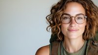 Young Caucasian woman with curly brown hair and glasses smiling warmly at camera. Natural makeup, wearing olive green top. Professional headshot with soft lighting and copy space.