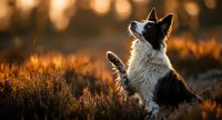 Border collie dog sitting in heathland at golden hour with paw raised, illuminated by warm sunset light against blurred bokeh background.
