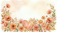 Watercolor floral frame with heart, roses, poppies, and ranunculus in soft peach and coral tones, perfect for wedding or Valentine cards.
