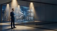 Businessman in formal suit viewing digital holographic interface with checkmarks and business icons in modern glass office environment.