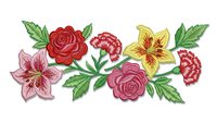Embroidered floral arrangement with roses, lilies and carnations on white background. Colorful decorative border design for textile and craft projects.