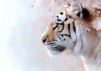 Majestic white tiger profile view with soft pink and gray watercolor effects, showing detailed facial features and whiskers against ethereal background.