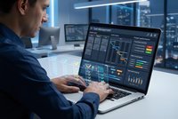Professional businessman analyzing financial data dashboard on laptop in modern office environment with multiple monitors and city skyline view.