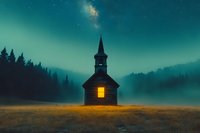 Mystical wooden church with glowing window stands alone in misty mountain valley at night, surrounded by dark pine forest under starry turquoise sky.