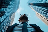 Young Asian businessman in suit and glasses looking up at modern glass skyscrapers against blue sky, low angle perspective capturing urban ambition and success.