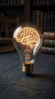 Glowing brain filament inside vintage light bulb on wooden desk with books background representing creative thinking, innovation and bright ideas for education.
