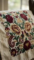 Ornate floral embroidery with burgundy and gold roses on cream fabric showcasing traditional needlework craftsmanship for home decor and textile design projects.