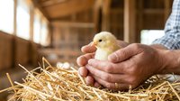 Young chick held gently in farmer's hands in barn with straw bedding. Male farmer caring for poultry livestock. Suitable for agriculture, farming, animal husbandry, and rural business content.
